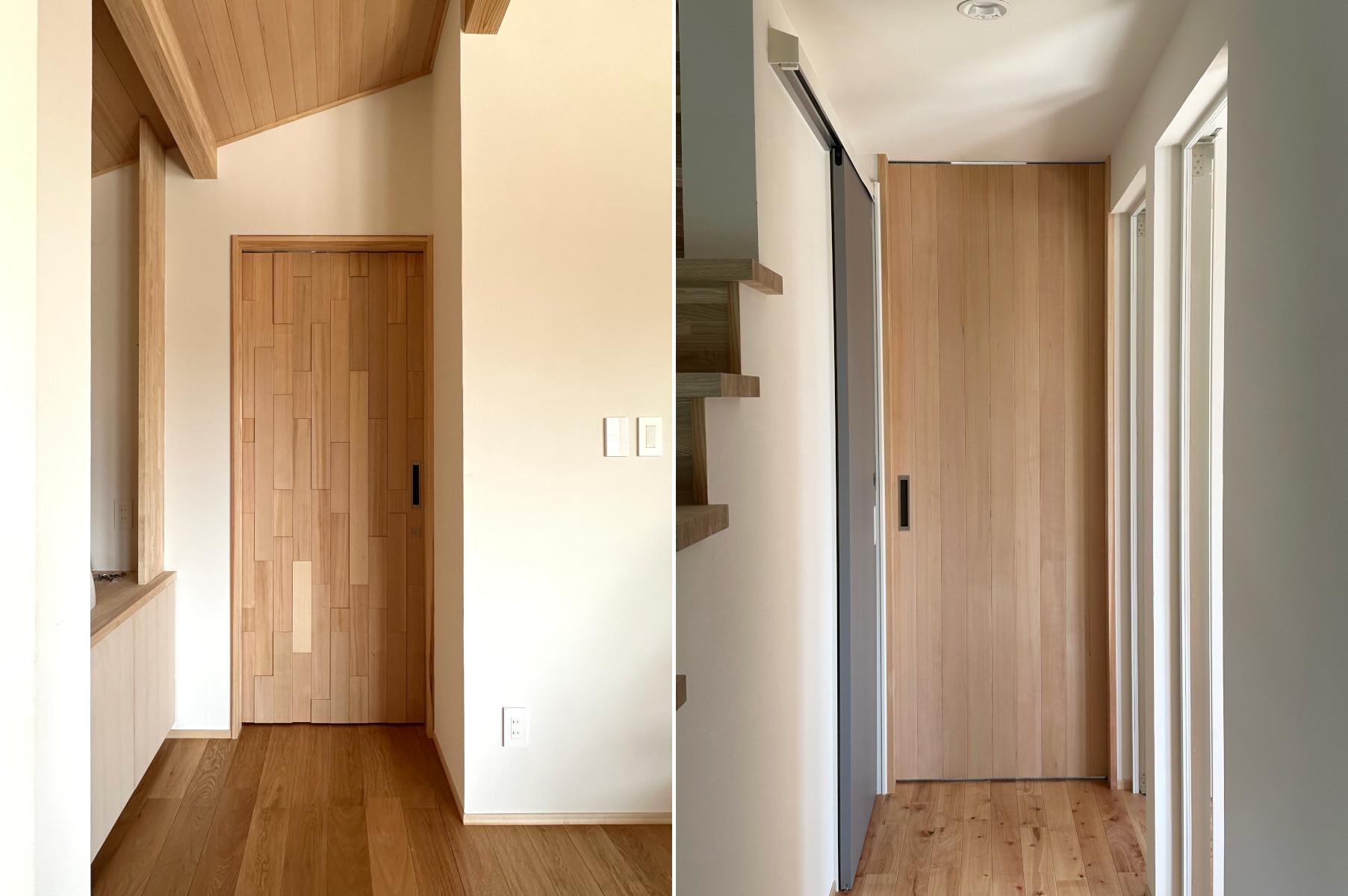 神奈川県綾瀬市｜オーダー建具【ドア】同じ木で表情が変わる｜無垢の米栂の引き戸2タイプ　OJIKI工房