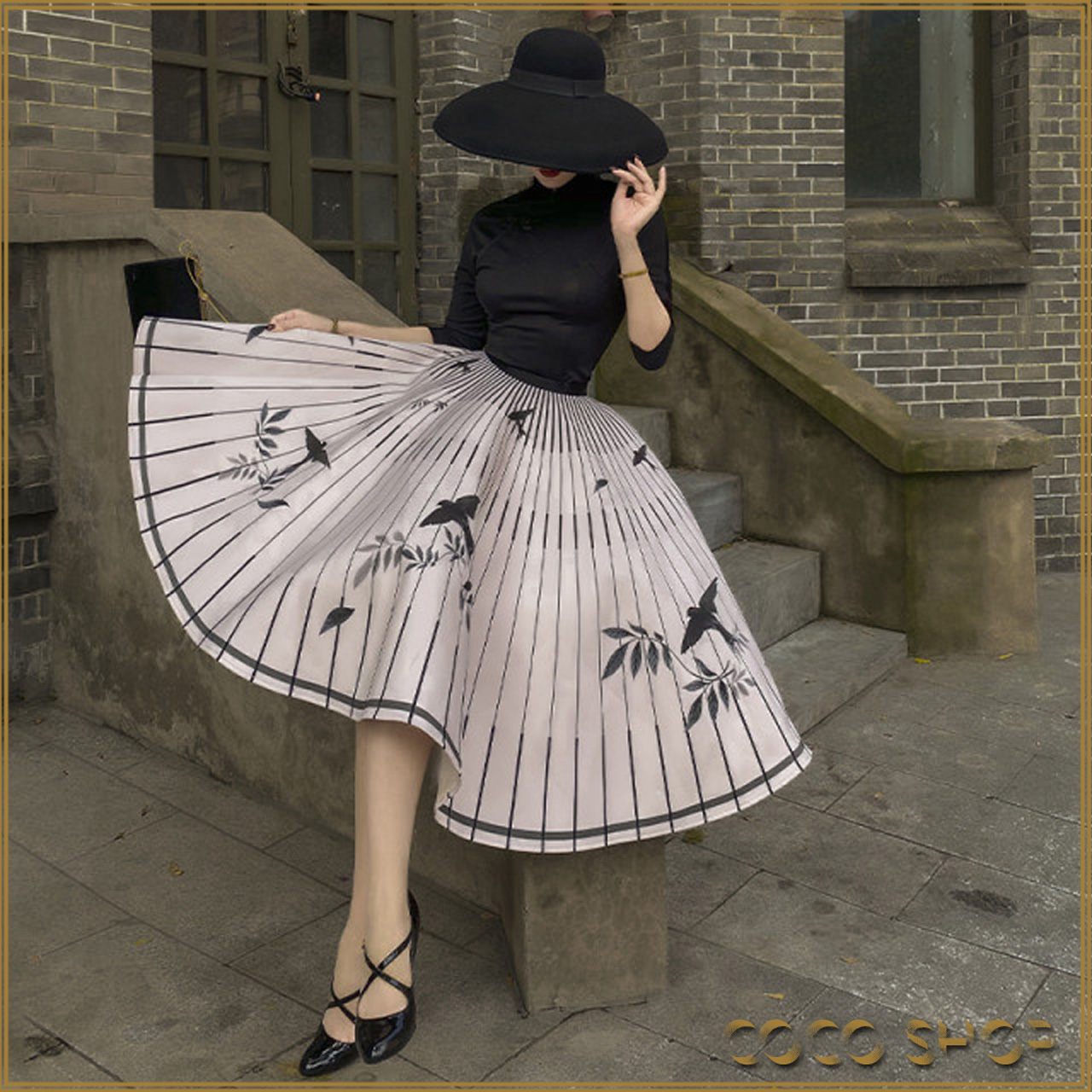 【送料無料】★Le palais vintage 秋冬 スワロー柄 チャイナカラートップス＆フレアースカートのスーツ セットアップ★デイリー お出掛け デート 二次会 女子会 ヘップバーン